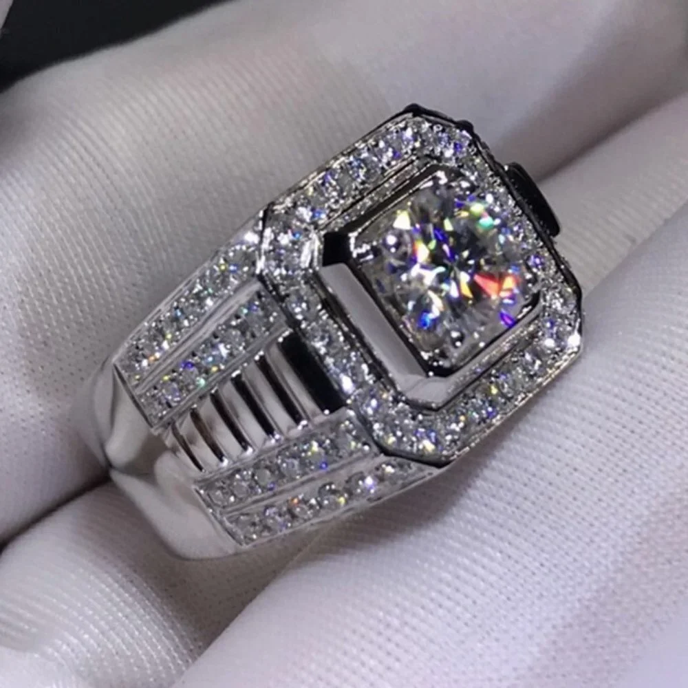 🎀 Fever Square Glitter Zircon Silver Chunky Wedding Rings for Man, PD663